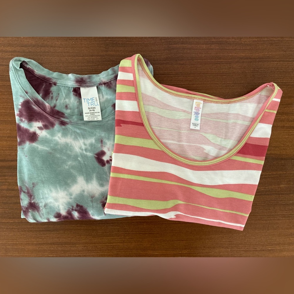 Women’s colorful T-shirt lot of two size S; Time and True, Lula Roe